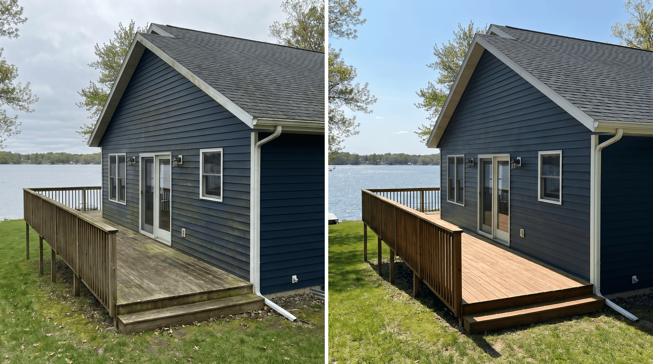 Deck before and after pressure washing in Waupaca WI