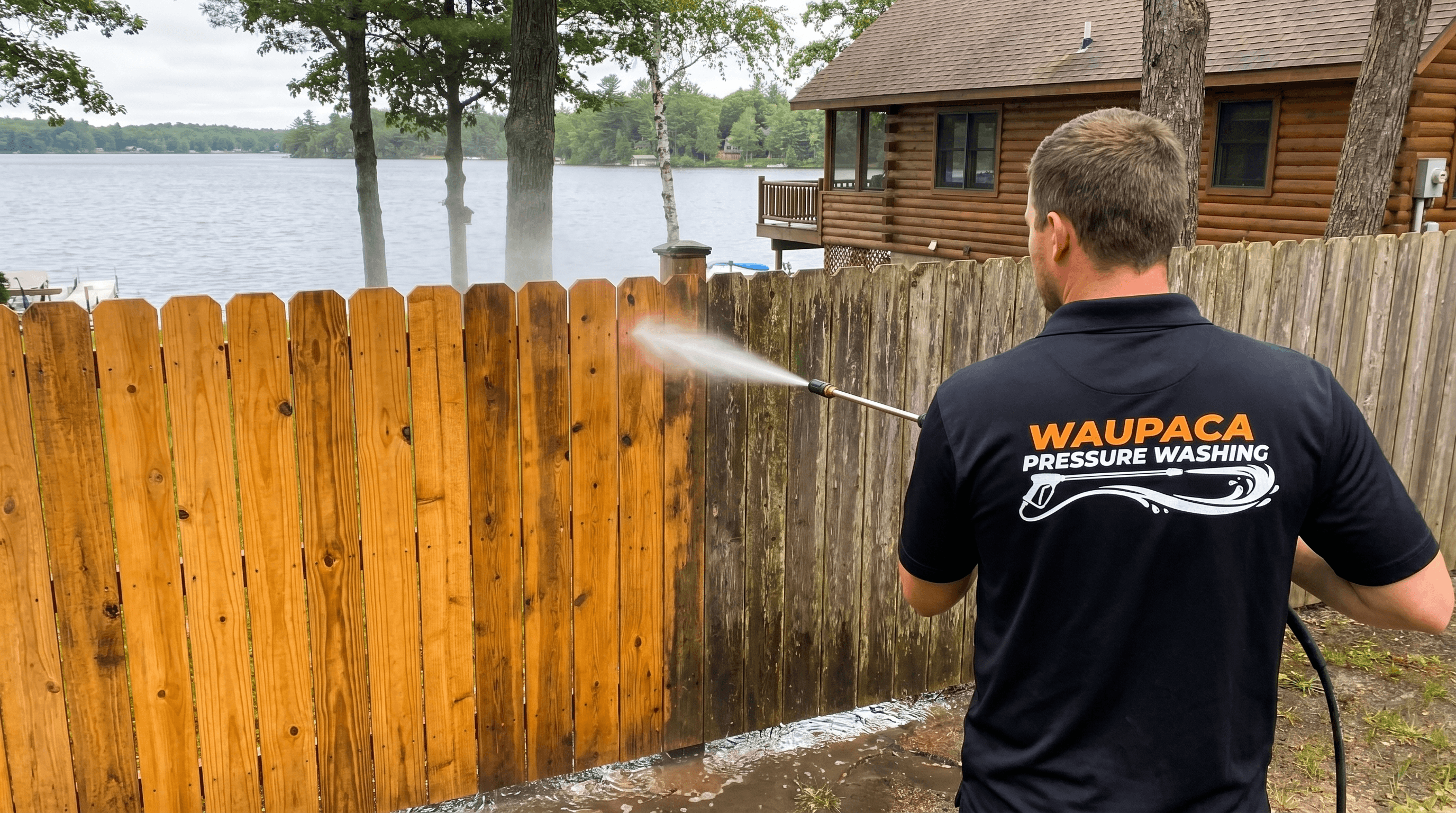 Clean fence after pressure washing in Waupaca WI
